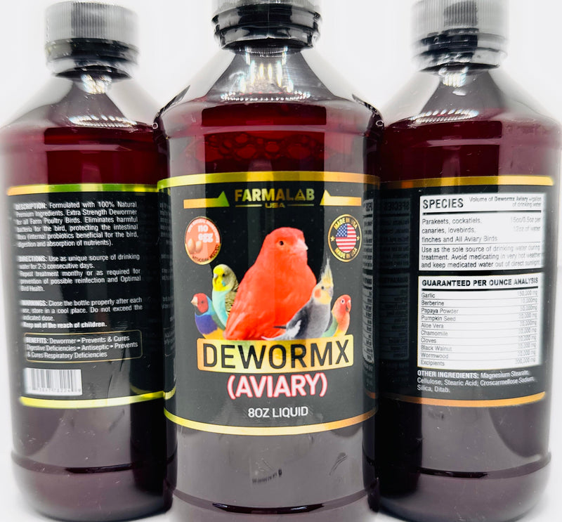 Farmalab Natural Dewormer No Withdraw Hens, Ducks, Roosters, Turkeys, Goose, Parakeets, Cockatiels, Lovebirds, Finches, Quakers, Pigeons, Palomas, Buchones, All Baby Chicks (8oz, Caged Birds Aviary) 8 Fl Oz (Pack of 1)