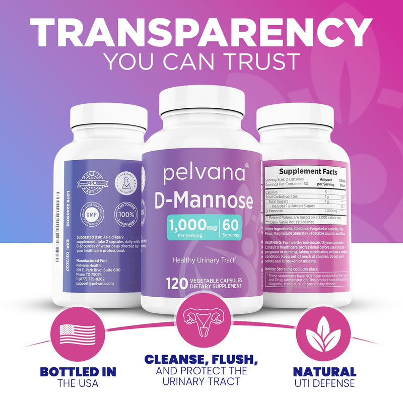 Pelvana D-Mannose 120 Capsules (500mg Each) – 1000mg per Serving – Assists & Maintains Healthy Urinary Tract, Flushes Impurities, Pure Ingredients, Gluten-Free – Third-Party Lab Tested, Made in USA