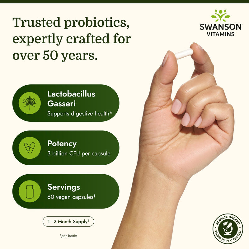 Swanson Lactobacillus Gasseri Probiotic, 3 Billion CFU, 60 Veg Caps, 2 Pk | For Adults Seeking Digestive and Metabolic Support, a Lactic Acid-Producing Bacterium, Acid-Resistant with No Refrigeration