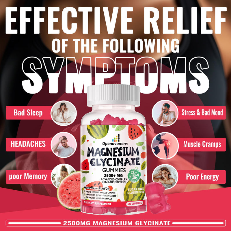 Magnesium Glycinate Gummies 2500mg - Sugar Free Magnesium Potassium Supplement with Vitamin D, B6, CoQ10 for Calm Mood & Sleep Support - 90 Watermelon Gummies 90 Count (Pack of 1)
