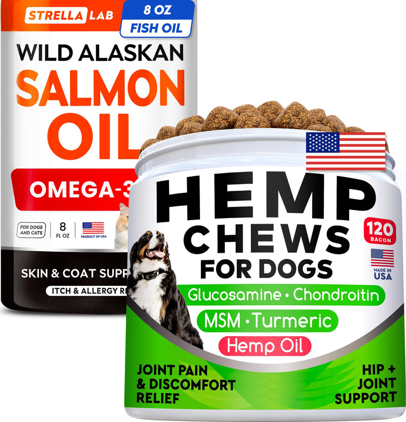 Salmon Oil + Hemp Chews for Dogs Bundle – Skin, Coat & Itch Relief + Hip, Joint & Mobility Support – EPA+DHA, Glucosamine, Hemp, MSM & Turmeric – 8 Fl Oz Liquid + Soft Chews – Made in USA