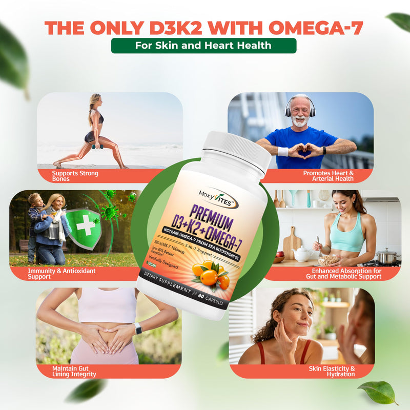 MoxyVites Vitamin D3 K2 5000 IU – High Absorption D3 + K2 MK-7 with Sea Buckthorn Oil & Omega-7 – Bone, Heart & Immune Support for Women & Men – 60 Vegan Capsules