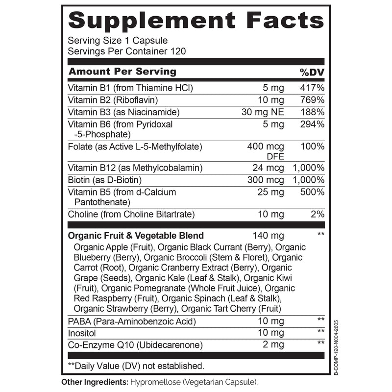NATURELO Vitamin B Complex, 120 Capsules, Vegan, CoQ10, Methyl Folate | Biotin, Fruit & Vegetable Blend, Supports Energy And Healthy Stress Response, Super B Complex Vitamins for Women and Men 120 Count (Pack of 1)