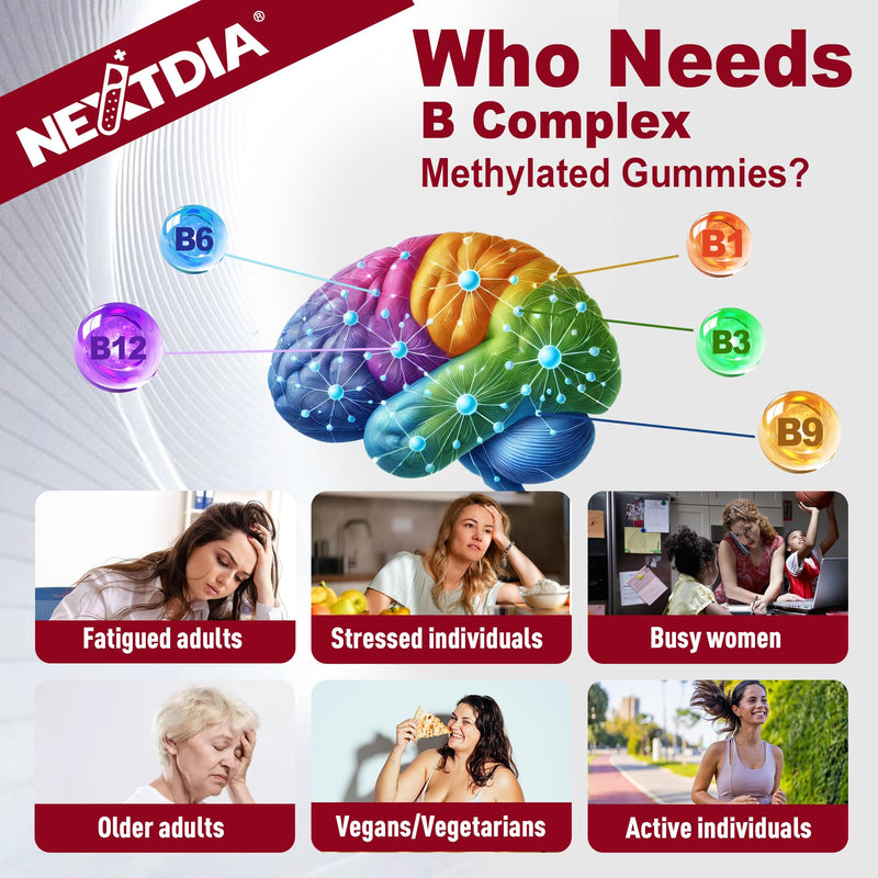 Nextdia B Complex Gummies for Men & Women, Methylated B Vitamins, 120 Ct | All B Vitamin B1 B2 B3 B5 B6 B7 Folate MethyB12 with PABA, Inositol, Choline, MTHFR-Friendly for Energy, Brain & Mood, Vegan 60 Count (Pack of 2)