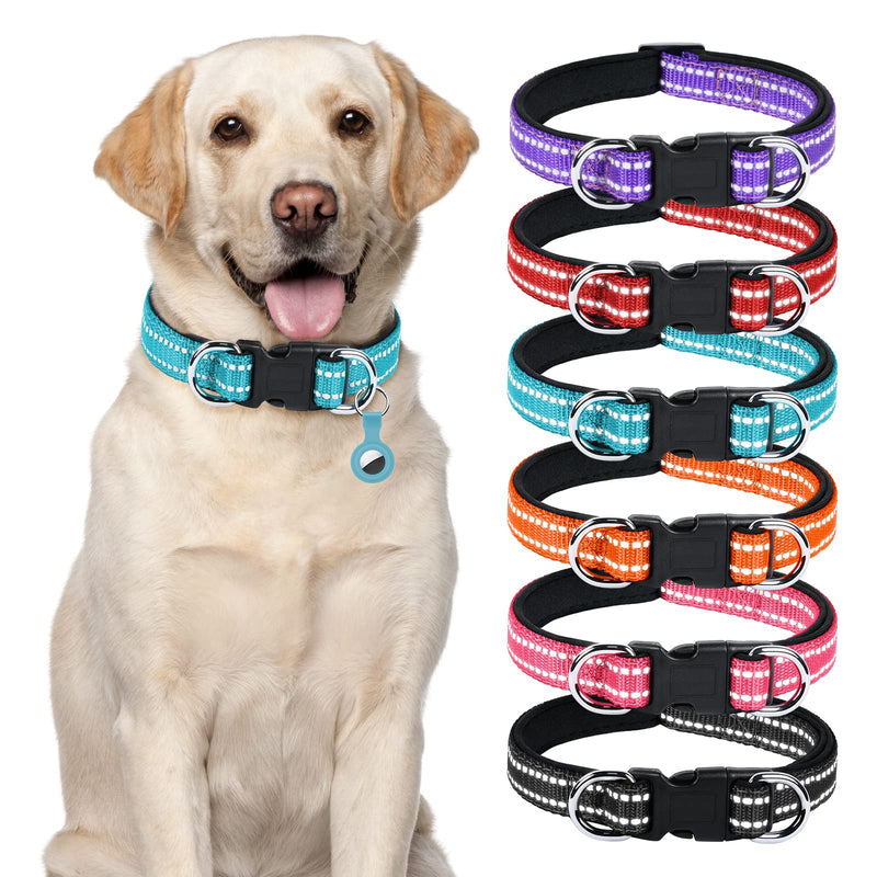 AUAUY Reflective Dog Collar, Adjustable Breathable Dog Collar, Soft Padded Neoprene Nylon Dog Collar with Double D-Ring and AirTag Case for Small Medium Large Dogs (Blue-S) Blue S(11.4-17.7"/29-45cm) - BeesActive Australia