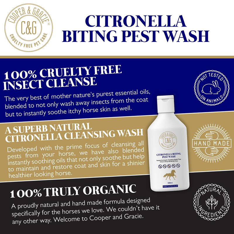 Horse Citronella Biting Pest Wash 500ml – Powerful Organic Shampoo by Cooper and Gracie | Antiseptic Soothing Relief, Cleans Biting Pests | Low-Lathering, 100% Natural 500 ml (Pack of 1)