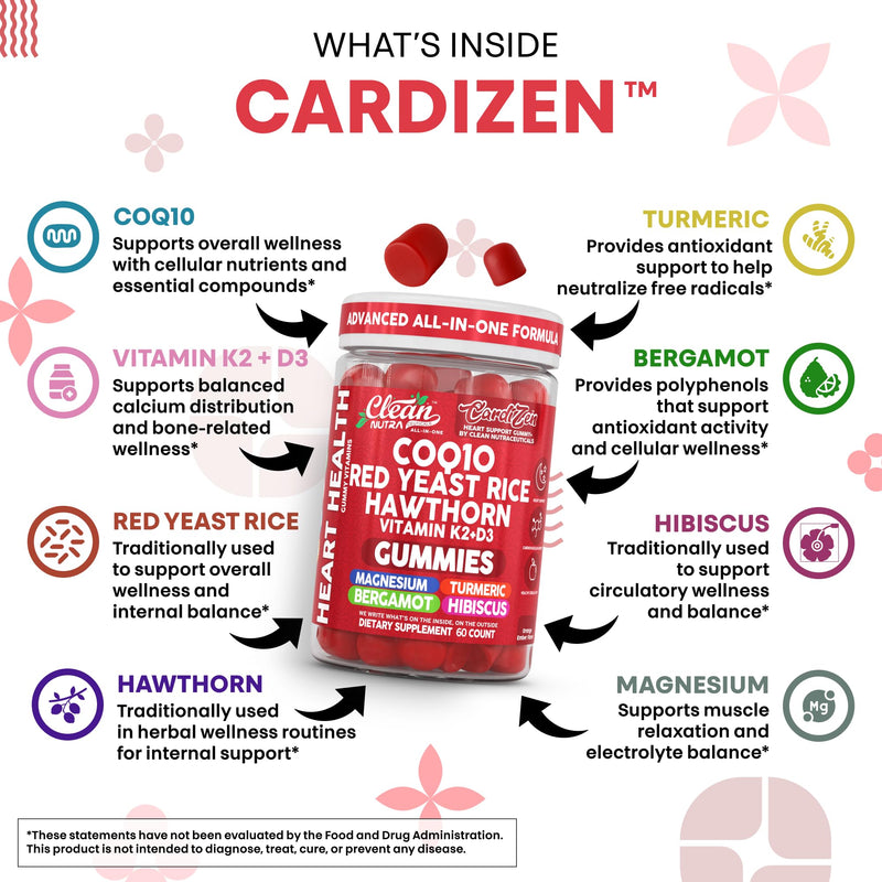 Clean Nutra CoQ10 Gummies Red Yeast Rice Hawthorn K2 Vitamin Supplement Magnesium Glycinate Turmeric Citrus Bergamot Hibiscus VIT D K Fenugreek Garlic Supplements Heart Support Gummy 60ct