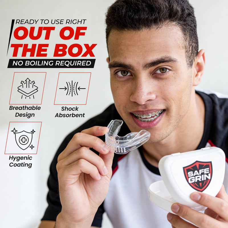 Mouth Guard for Sports - Premium Silicone Upper & Lower Teeth Protection - Football, Lacrosse, Hockey, Baseball - Fit for Youth and Teens (Transparent, MouthGuard for Braces) Transparent - BeesActive Australia