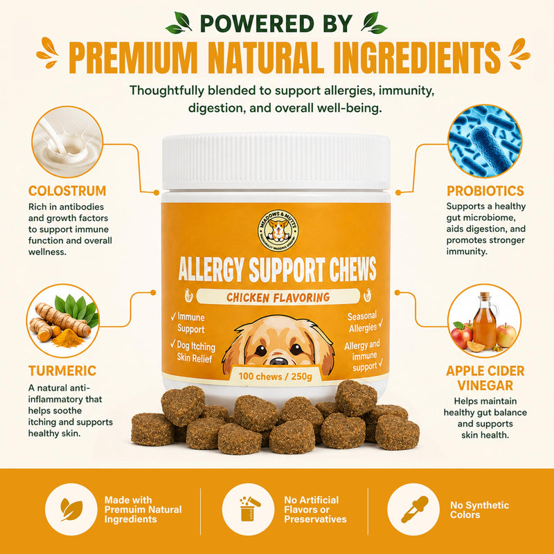 Meadows & Mutts Dog Allergy Relief Chews – Immune Support Dogs Probiotics Soft Chews - Anti Itch & Seasonal Allergy Relief - Probiotics Supplement Support Gut Health, Yeast, Skin & Coat - 100 ct