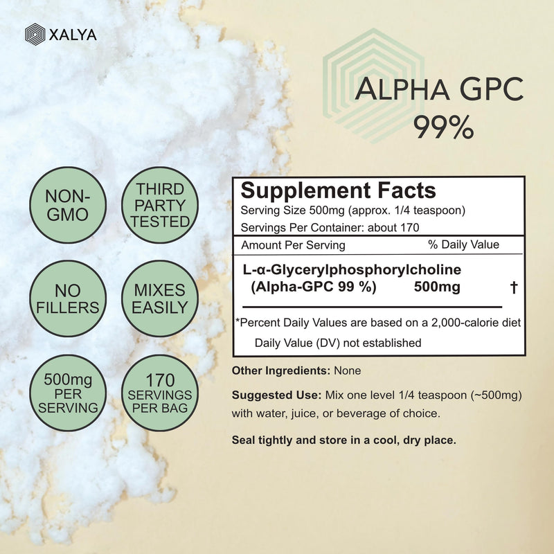 Alpha GPC Powder 99% Purity 500mg Extra Strength Brain Supplement for Focus & Mental Clarity Third Party Tested, Natural Choline, 170 Servings (3oz) Powder Form