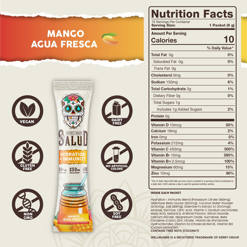 Salud 2-in-1 Hydration + Immunity Drink Mix, Mango | Electrolytes Powder, Agua Fresca, Elderberry, Dairy & Soy Free, Non-GMO, Gluten Free, Vegan, 1g Sugar (15 Servings)