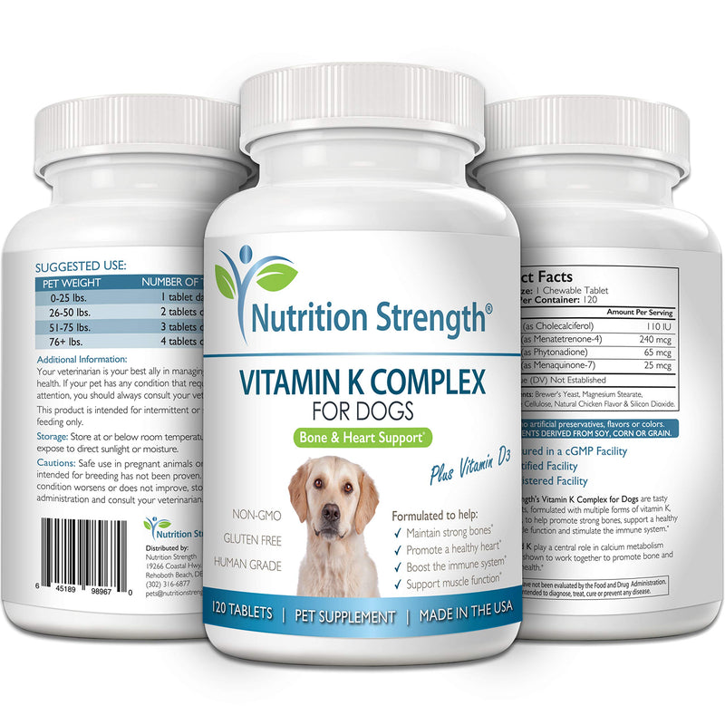 Vitamin K for Dogs, Vitamins K1 & K2 (MK4 & MK7) + Vitamin D3, Help Maintain Strong Bones, Promote Healthy Heart, Boost Immune System, Support Muscle Function, 120 Chewable Tablets - PawsPlanet Australia