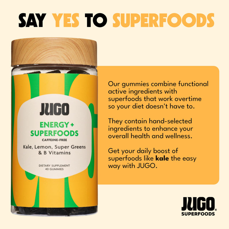 JUGO Energy + SUPERFOODS Vitamin B12 Gummies with Kale & Super Greens, Caffeine-Free Pre-Workout Energy Gummies, Vegetarian-Friendly, Gelatin-Free and Gluten-Free, Non-GMO, Made in USA, 40 Count