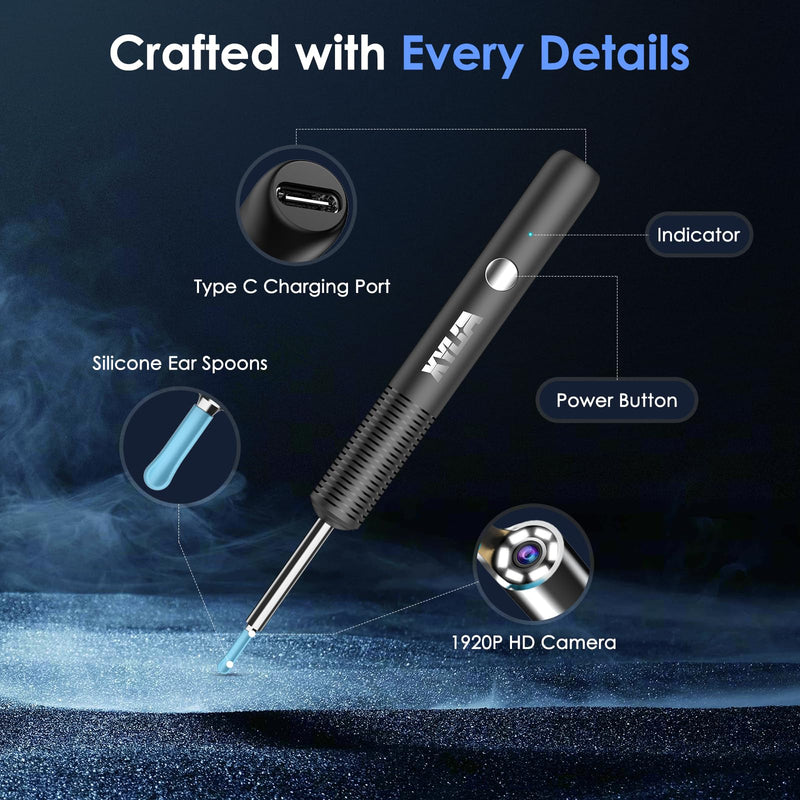 Xylla Ear Wax Removal Kit WiFi Ear Cleaner 1920P FHD Ear Camera,Ear wax remover with 8 PCS Ear Cleaning Kit,Ear Scope Otoscope with 6 LED Lights,Silicone Ear Wax Removal Tool for iOS & Android (Black) Black - BeesActive Australia