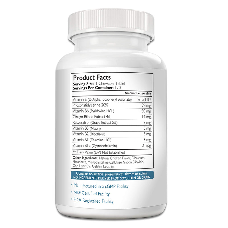 Cognitive Support for Dogs, Promotes Dog Brain Health, Mental Support for Old Dogs, Supplement for Dogs with Cognitive Difficulties, 120 Chewable Tablets - PawsPlanet Australia