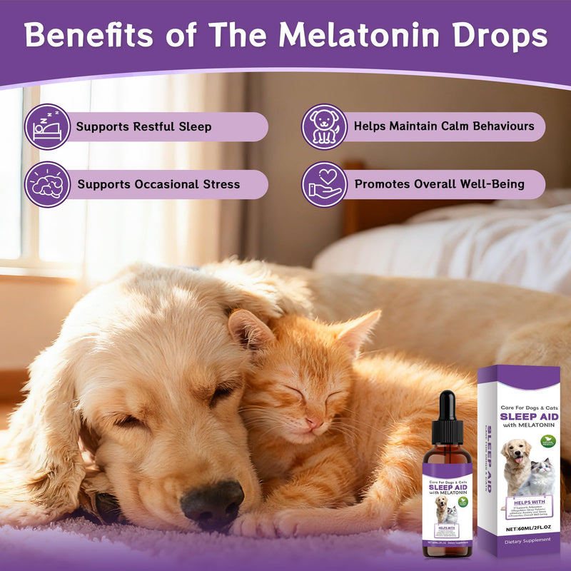 Cats＆Dogs Melatonin Calming Drops, Dog Anxiety Relief from Fireworks, Separation＆Travel Stress, Helps Cats Good Behaviour and Sleep with Natural Ingredients (60ml)