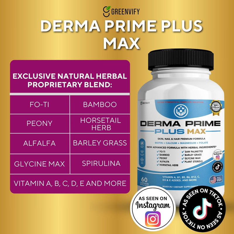 Derma Prime Plus Max Hair Skin Nail Supplement, 60 Capsules, with Biotin 5000mcg, Vitamins, Minerals, Herbal Blend (1) 1