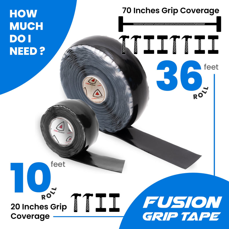 Core Prodigy Fusion Grip Tape - Silicone Rubber Wrap for Pull Up Bars, Barbells, Dumbbells, Sports and Gym Equipment, and Tools Black 36 Feet - BeesActive Australia