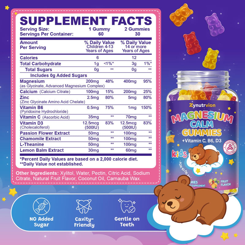 Magnesium Glycinate Gummies for Kids & Adults - Sugar Free Fruit Flavor, 60ct, Magnesium Supplement with L-Theanine, Vitamin B6, D3, Supports Sleep, Stress Relief, Muscle, Calm & Relaxation Health