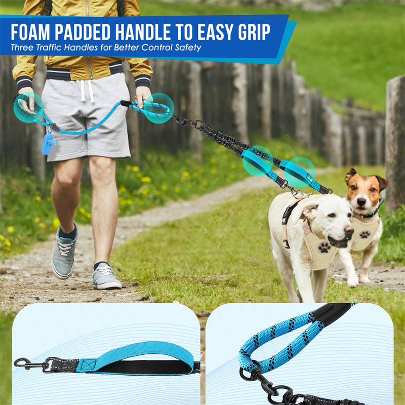 SlowTon Double Leash for Two Dogs - No Tangle Dog Leash 360° Swivel Reflective Double Dog Leash with Two Padded Handles, Shock Absorbing Walking Training for Small Medium Dogs (Blue, 8-35 lbs) 3 Handles (2 Dogs Total Weight 8-35lbs) Blue - BeesActive Australia