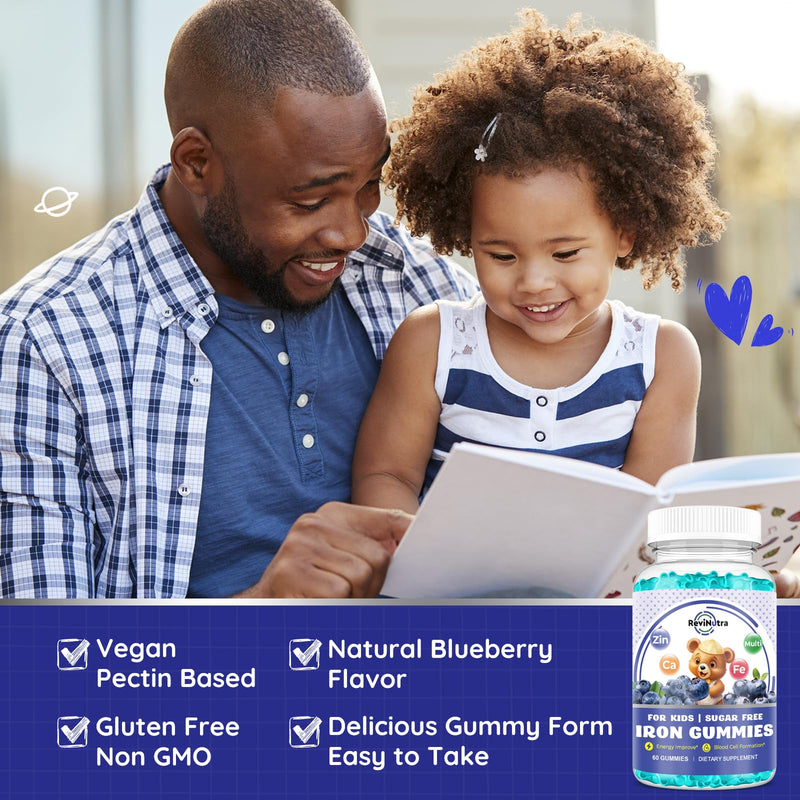 with Calcium, Zinc, Kids Multivitamin with Iron Gummies - Immune Support, Blood Builder & Energy Support for Iron Deficiency, Anemia, Vegan - 60 Gummies Blueberry Flavor 60 Count (Pack of 1)