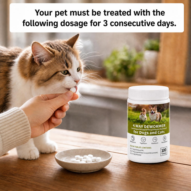 Dewormer for Dogs and Cats,4 Way Broad Spectrum Wormer with Praziquantel, Pyrantel Pamoate & Febantel, Safe for 4 Weeks and Older,100 Tablets