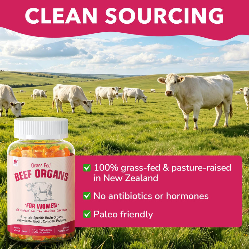 Beef Organ Supplement for Women Gummies, Ancestral Superfood Supplement, Grass-Fed Bovine Liver, Spleen, Ovary, Uterus, Placenta, Mammary Gland, Biotin for Beauty, Energy, Hormone, Sugar Free, 120 Cts 60 Count (Pack of 2)