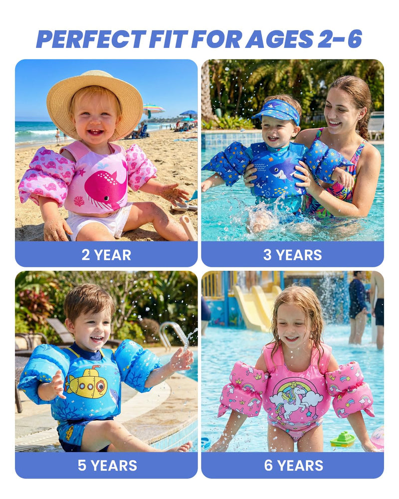 Gogokids 2-in-1 Toddler Swim Vest Pool Floaties for Kids[CPC Certified & Remove Crotch Strap]Puddle Float Jumper 24-66 Pounds, Toddler Arm Floaties Swim Jacket Water Wings for kids Boys Girls Swimmies G-Light Blue Dinosaur