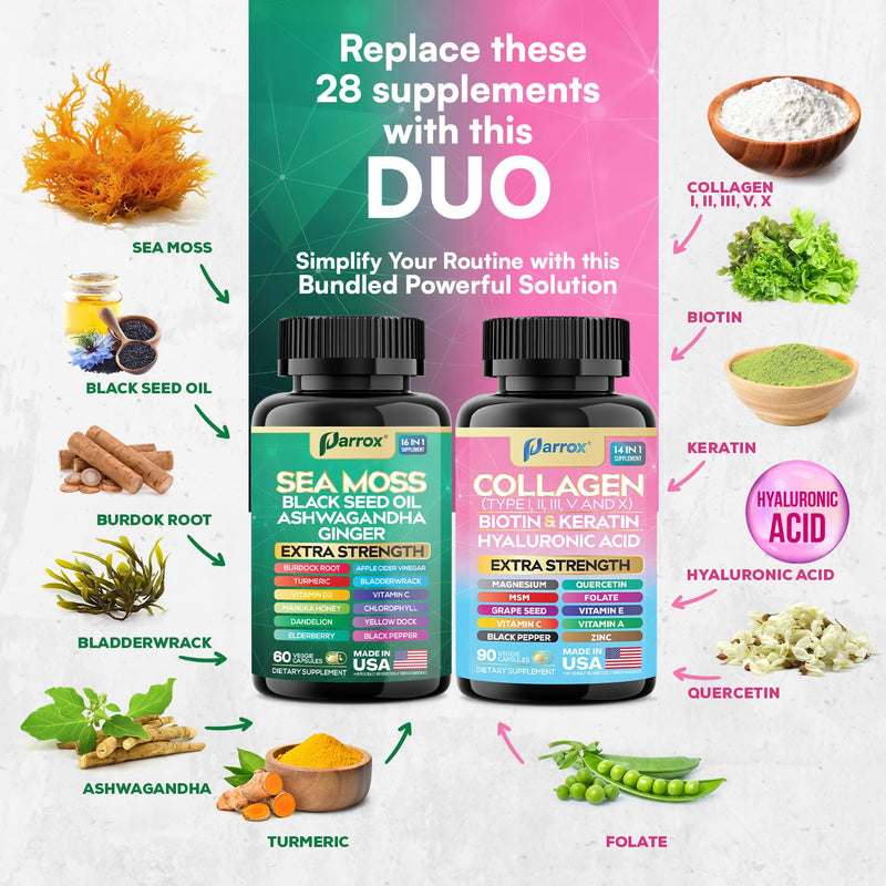Sea Moss & Collagen Support Bundle, Black Seed Oil, Radiant Wellness Set | Black Seed Oil, Ashwagandha, Ginger, Collagen I-X, Biotin, Keratin, Burdock, Turmeric, Vitamin D3, Magnesium 150 Count (Pack of 2)