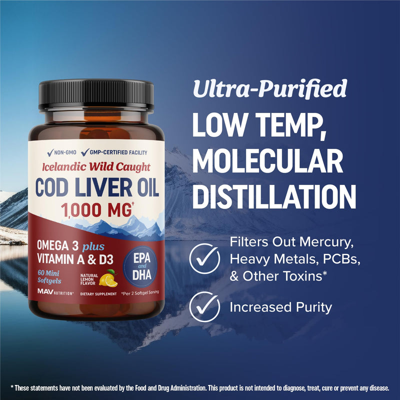 Cod Liver Oil Softgels 1000MG, Omega 3 + VIT A & D3, Wild Caught, Icelandic | Molecularly Distilled, Third-Party Tested, EPA DHA Omega 3 Supplement for Bone Eye & Immune Health, 60 Cod Liver Oil Softgels