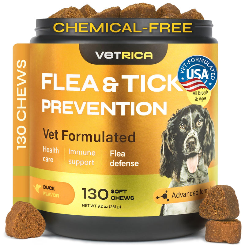 Flea and Tick Prevention for Dogs - with Neem 9,750 mg per Pack - No Chemicals - Flea and Tick Control Oral Pills for All Dogs and Puppies - Chewable Skin and Coat Supplement - 130 Soft Duck Treats Flea Support Chews - 130 count