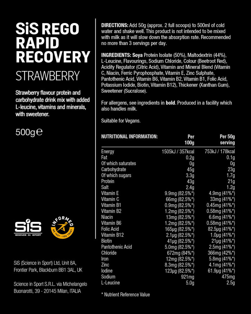 SiS REGO Rapid Recovery - Vegan-Friendly Protein Powder for Muscle Support - 21g Protein Per Serving - 15 Vitamins & Minerals - Sports Nutrition - Strawberry Flavor - 17.6oz 1.1 Pound (Pack of 1)