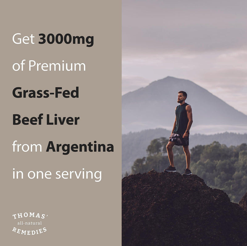 Toms Remedies Grassfed Beef Liver Supplement, 3000mg - Iron & Energy | Liver Supplement, Pasture Raised in Argentina, Natural Source of Iron, Vitamins A & B - Non-GMO & Hormone Free (180 Caps)
