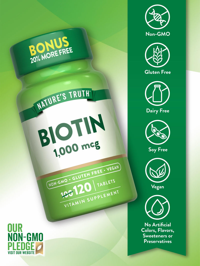 Nature's Truth Biotin | 1000mcg | 120 Tablets | for Women & Men | Vegan, Non-GMO, Gluten Free Supplement Unflavored 120 Count (Pack of 1)