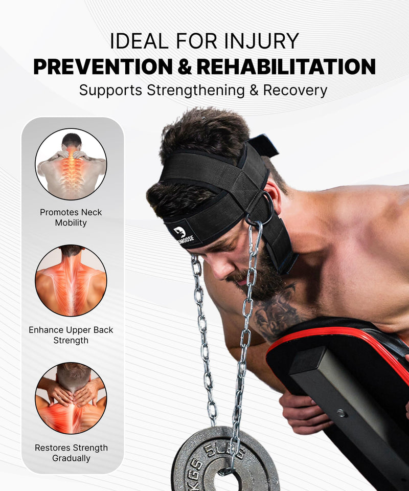 DMoose Fitness Neck Harness for Weight Lifting - Soft Padded Head & Chin Strap with 30" Heavy Duty Steel Chain - Neck Exerciser, Trainer & Strengthener to Support Injury Recovery and Intense Workouts With Support Strap Black
