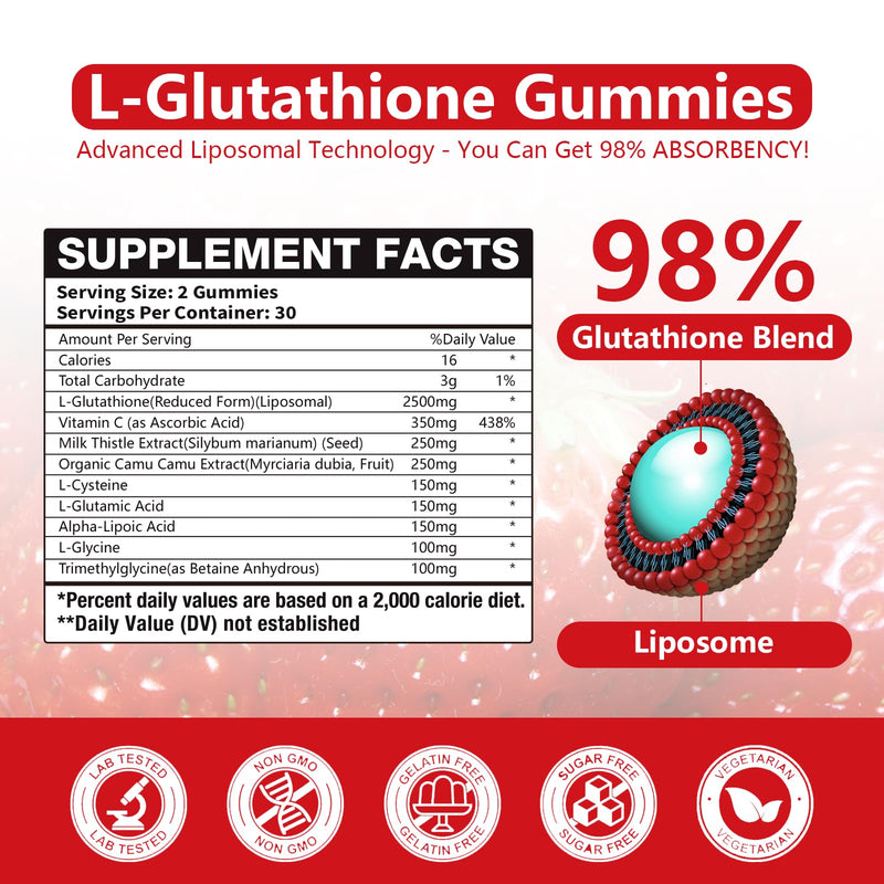 Extra Powerful 2500MG Liposomal Glutathione Gummies for skin whitening,Enhance 98% Absorption-Complex L-Cysteine,L-Glycine,Milk Thistle for Support Liver Function, Antioxidant for Aging Alleviation 60 Count (Pack of 2)