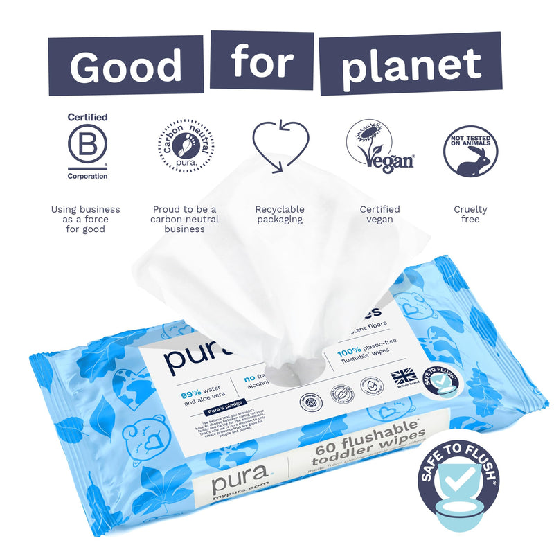 Pura Flushable Toddler Wipes 1 x 60 Wipes, 100% Plastic Free, 99% Water, Hypoallergenic & Fragrance Free, Totally Chlorine Free, Kids Toilet Wipes, Sensitive Skin 60 Count (Pack of 1) - BeesActive Australia