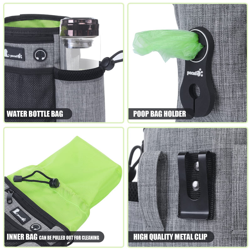 Pecute Dog Treat Pouch, Hands-Free Dog Training Bag with Shoulder Strap Waist Belt Metal Clip and Foldable Bowl, Built-in Poop Bag Dispenser, 3 Ways to Wear Suitable for Training Walking (Grey) Grey + Green Upgrade Large - BeesActive Australia