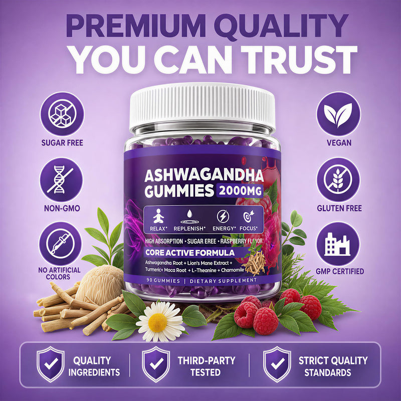 Ashwagandha Gummies, 2000mg Organic Ashwagandha for Women and Men, 90 Count | Cortisol Supplements with Lions Mane, Vitamin D3 B12, and L-Theanine for Stress, Relaxation, Sleep*, Sugar-Free, Vegan