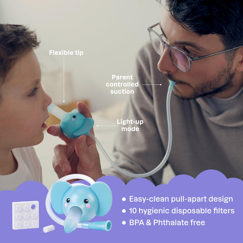 Playhouse MD Booger Buddy Nasal Aspirator, Elephant - with LED Light for Babies & Toddlers – BPA-Free Snot Remover for Infant Stuffy Nose, Congestion Relief – Easy to Clean Design - FSA/HSA Eligible - BeesActive Australia