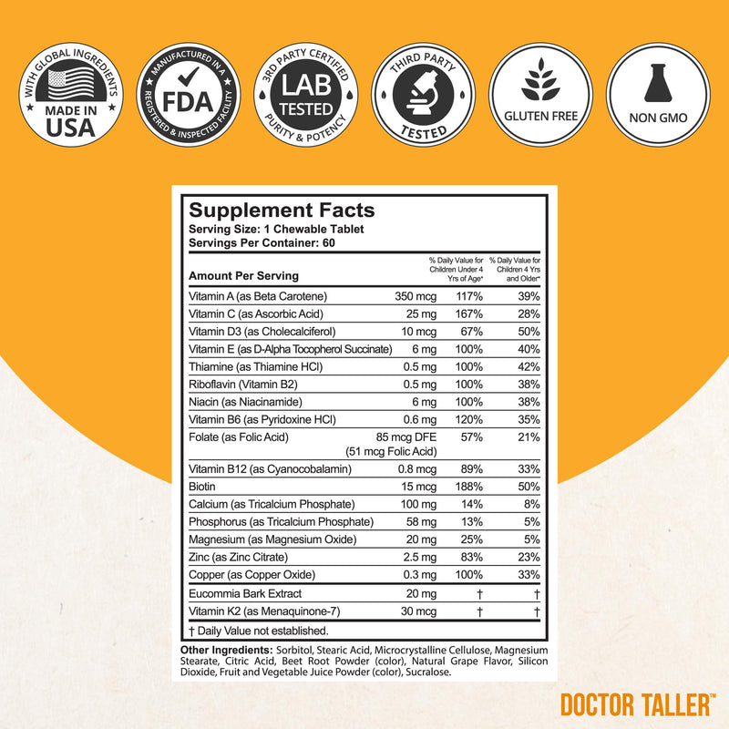 NuBest Doctor Taller Kids - Kids Multivitamins, Toddler Vitamins - Support Healthy, Immunity and Bone Strength for Ages 2 to 9 - Grape Flavor - 60 Vegan Chewable Tablets | 1 Month Supply 60 Count (Pack of 1)