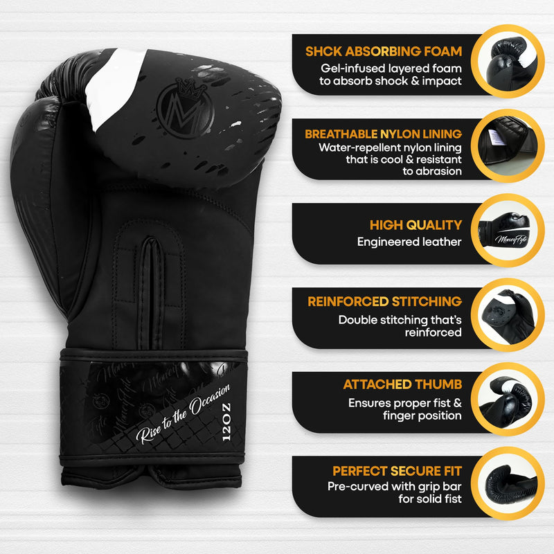 Boxing Gloves for Men & Women - Boxing, Kickboxing, Muay Thai, MMA, Training & Sparring - Punching Bag & Heavy Bag Gloves - MoneyFyte All Black 14 oz - BeesActive Australia