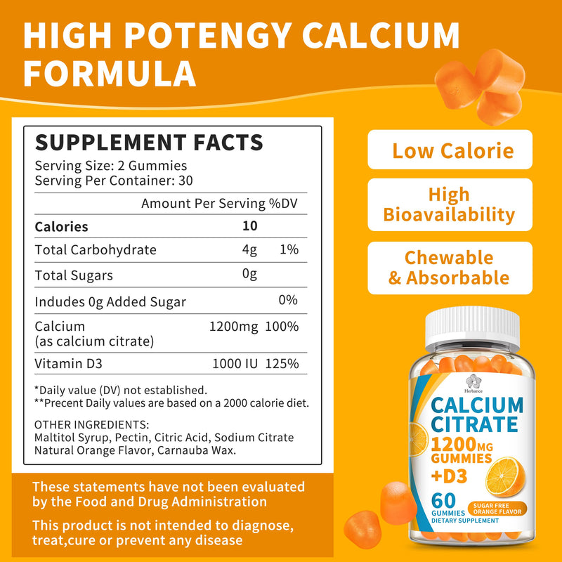 (3 Pack) Calcium Citrate 1200 mg Gummies with Vitamin D3, High Absorption Calcium Supplements for Women & Men, Sugar Free, Non-GMO, Gluten Free, Supports Muscle & Immune - Orange Flavor 60 Count (Pack of 3)