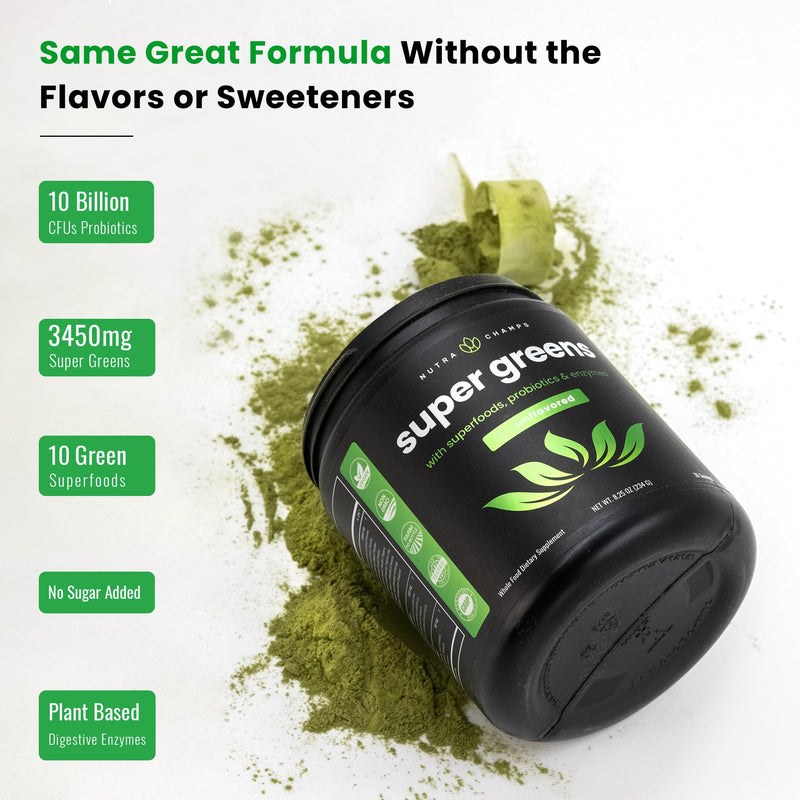 NutraChamps Super Greens Powder Premium Superfood | 20+ Organic Green Veggie Whole Foods | Alfalfa, Spirulina, Chlorella & More | Antioxidant, Digestive Enzyme & Probiotic Blends | Unflavored | 60 SVG 18 Ounce (Pack of 1)