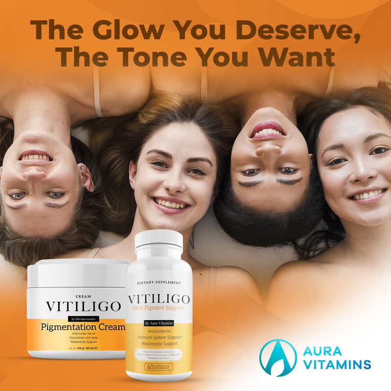 Dermawonder Vitiligo Supplement & Pigmentation Cream Set | 60 Vitiligo Capsules and 4fl Oz Cream | Reduce White Spots, Improve Skin Pigmentation & Neutralize Skin Tone | Natural Solution (1) 60 Count (Pack of 1), 4 Fl Oz (Pack of 1)