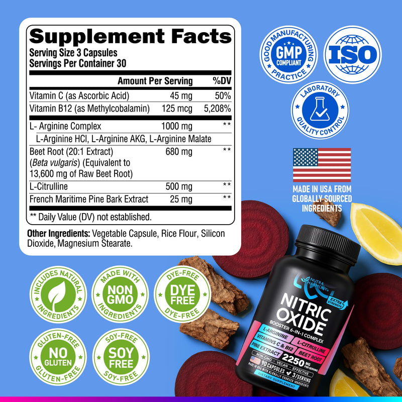 Nitric Oxide Booster 2250 mg - Muscles, Energy & Circulation - 90 Capsules | Nitric Oxide Supplement for Men & Women - Pine Bark | L-Arginine | L-Citrulline | Beet Root | Vitamin C & B12 - Lab Tested