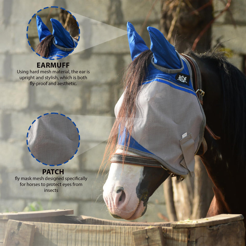 RS Premium Horse Fly Mask with Ears | Smoothly protect Face and Ears from UV & from Insects | Made with durable elasticable lattice | Sweat Absorber | Comfortable & Relaxable | size: Medium & Large Blue - BeesActive Australia