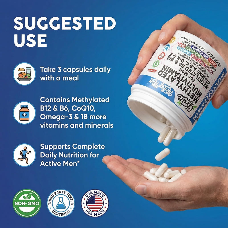 Methylated Multivitamin for Men with Vitamin B12 B6 Choline Magnesium Selenium CoQ10 Iodine Manganese Iron Boron Copper Thiamin Riboflavin Biotin Probiotics Omega 3 | Vegetarian Capsules Mens Vitamins