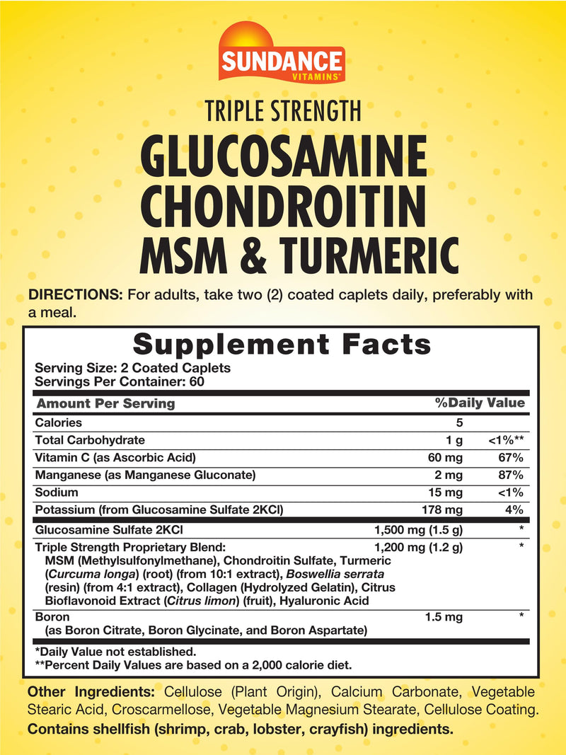 Sundance Glucosamine Chondroitin with MSM and Turmeric | 120 Caplets | Triple Strength Formula | Non-GMO & Gluten Free Supplement