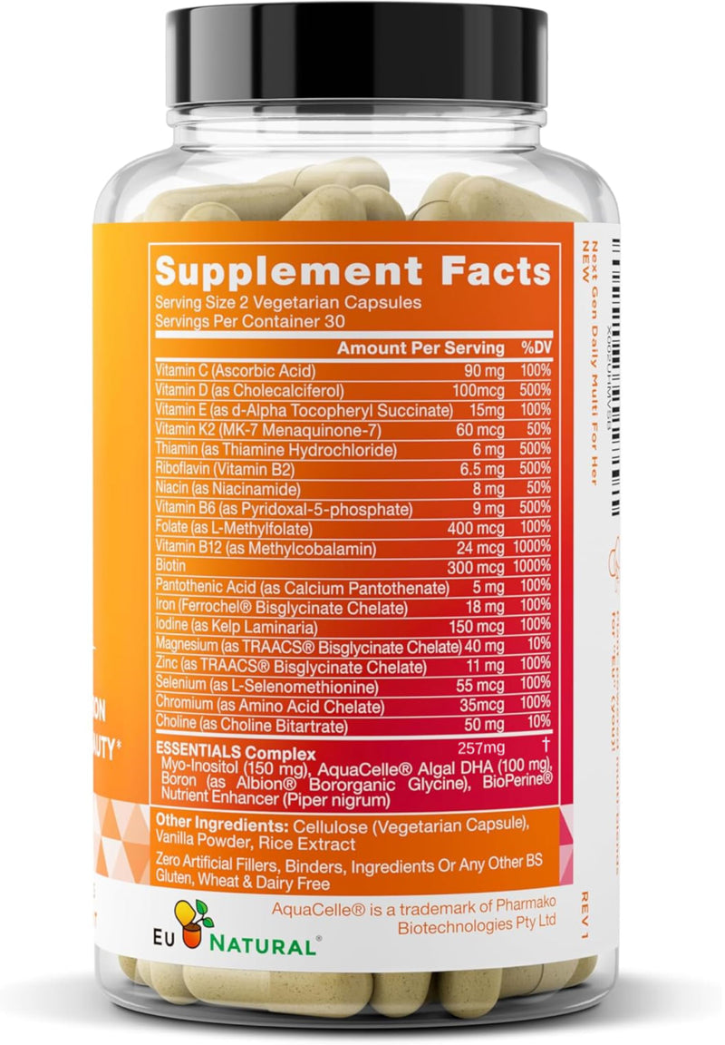 Multivitamin for Women, 22 Vitamins with Iron & DHA, 60 Veg Capsules | Vitamins for Immunity, Beauty, Brain, Energy, Bones and Heart - Vitamin C, D, E, K, Iron, B6 and DHA -